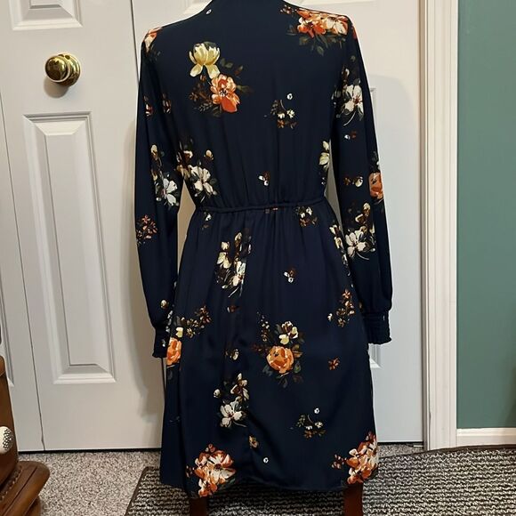 Fall Floral Cinched Elastic Waist Long Sleeved Dress - Picture 5 of 7
